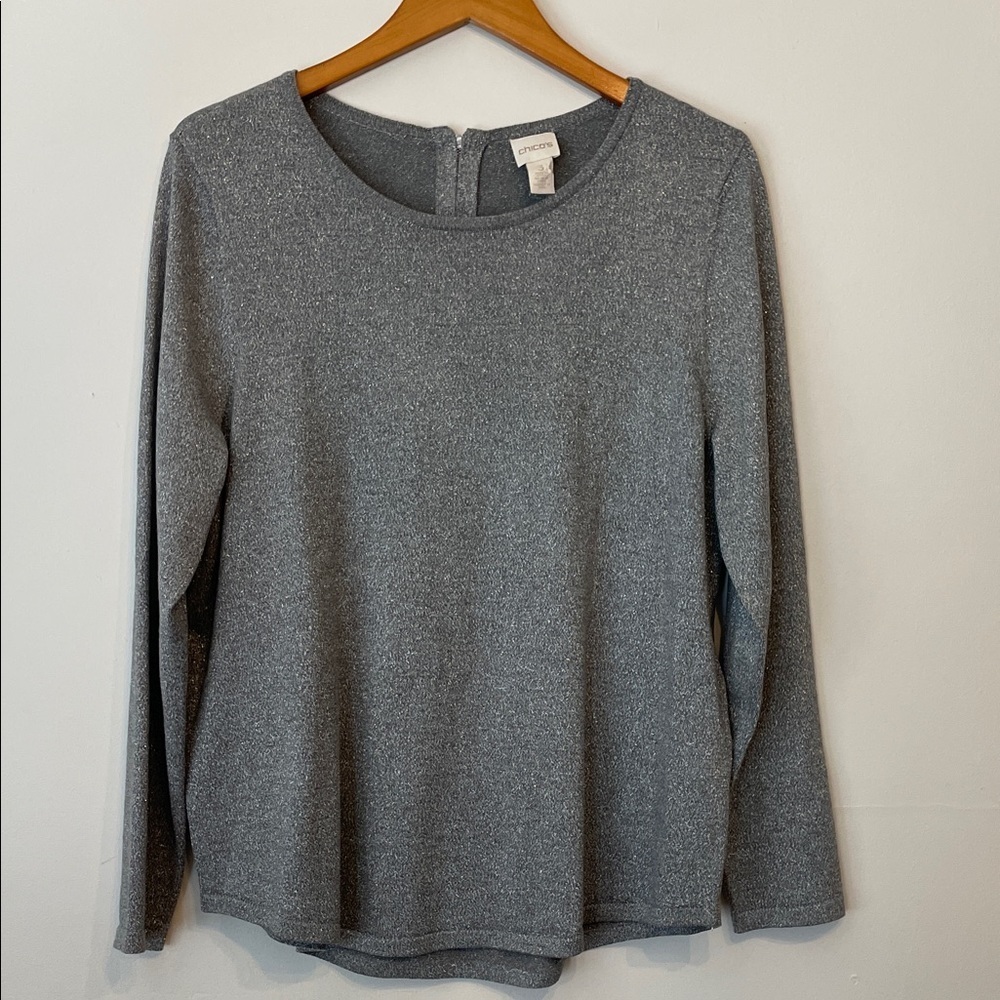 Chico’s Women’s Long Sleeve Glittery Silver Crewneck Blouse XL